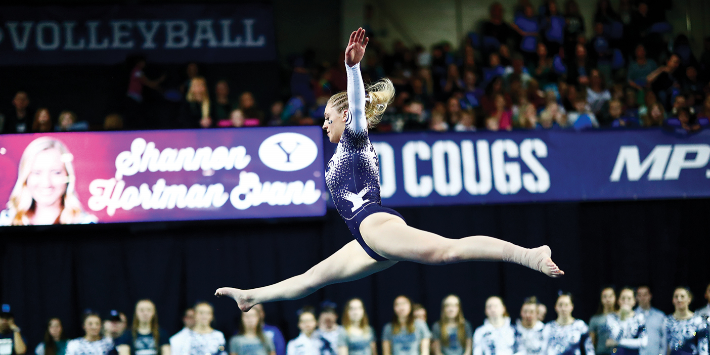 BYU gymnast Shannon Hortman Evans does a split jump.