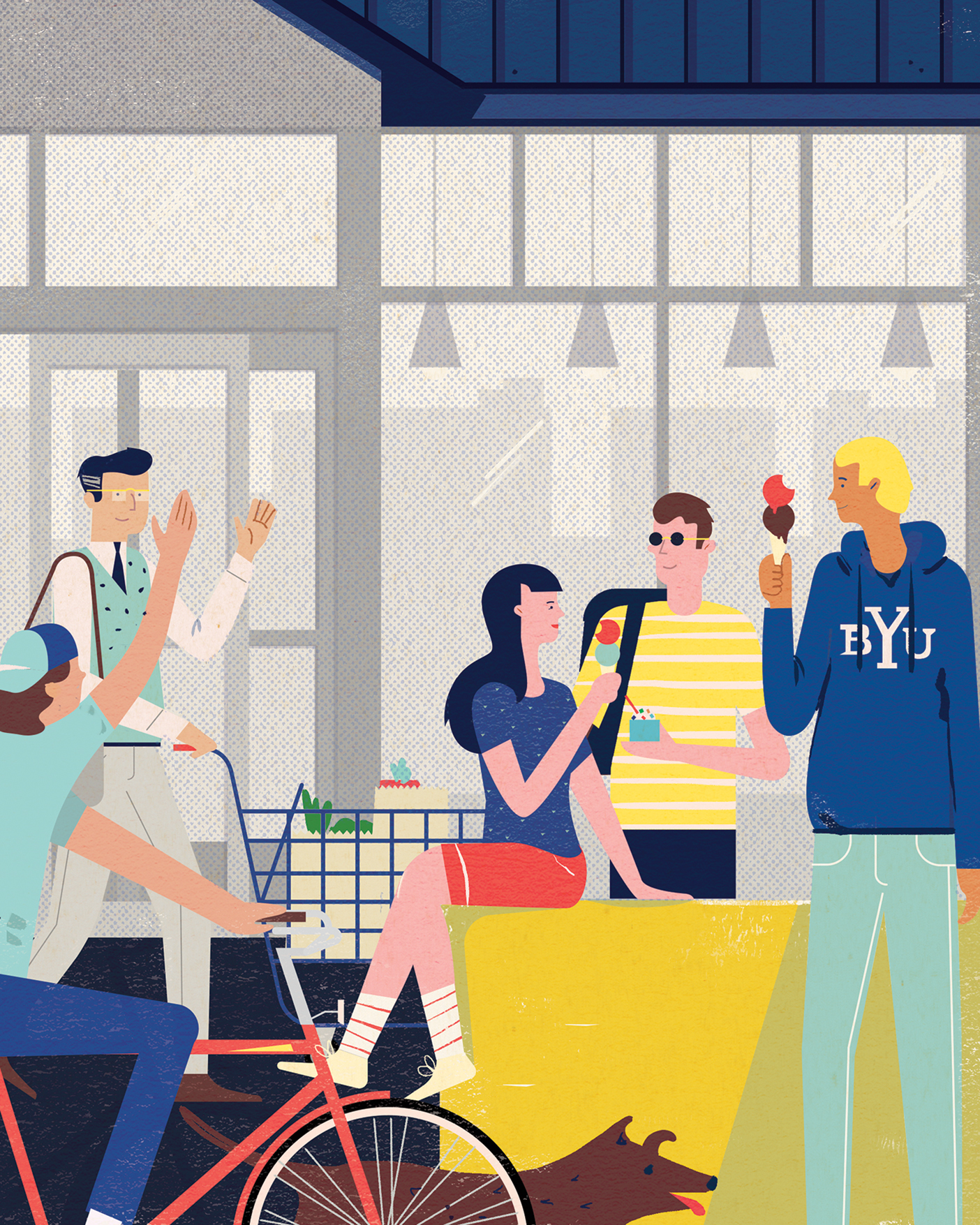 An illustration of students gathered outside a storefront eating ice cream.