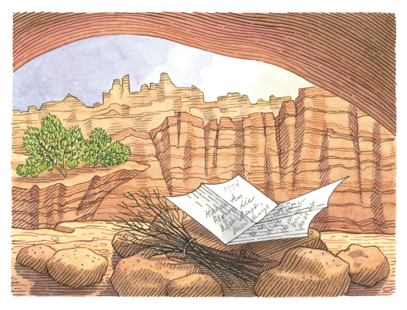 An illustration of a piece of paper on the floor of a cave in southern Utah.