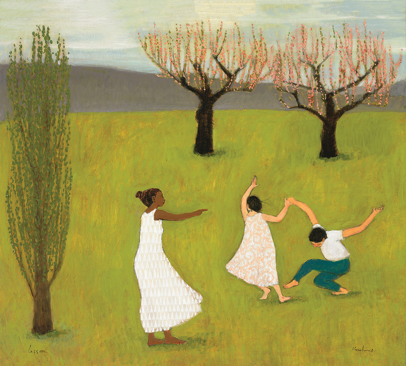 A painting of three people dancing in a field.
