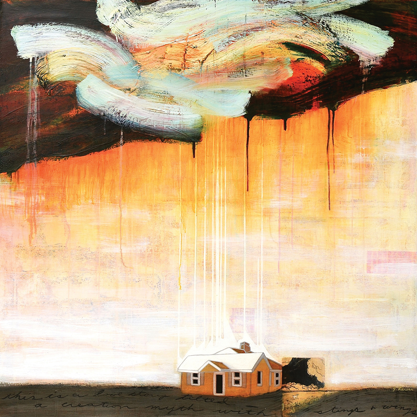 Painting of a house with threatening clouds above.