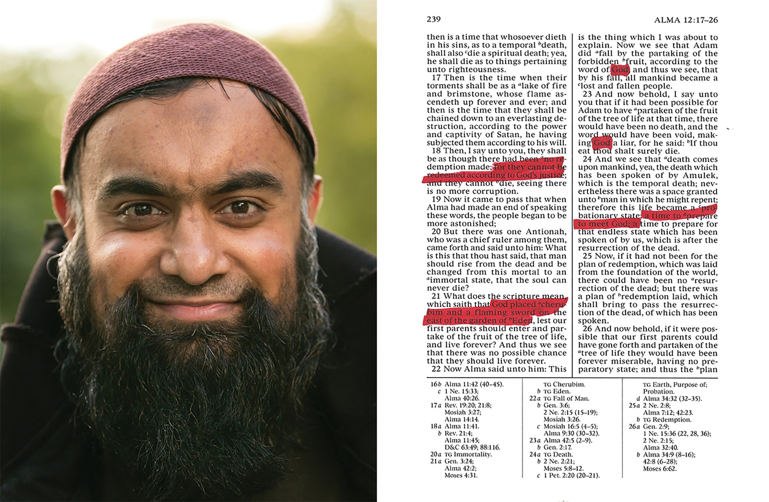 Nazam, a Muslim man from the UKand the page of the Book of Mormon that he read.
