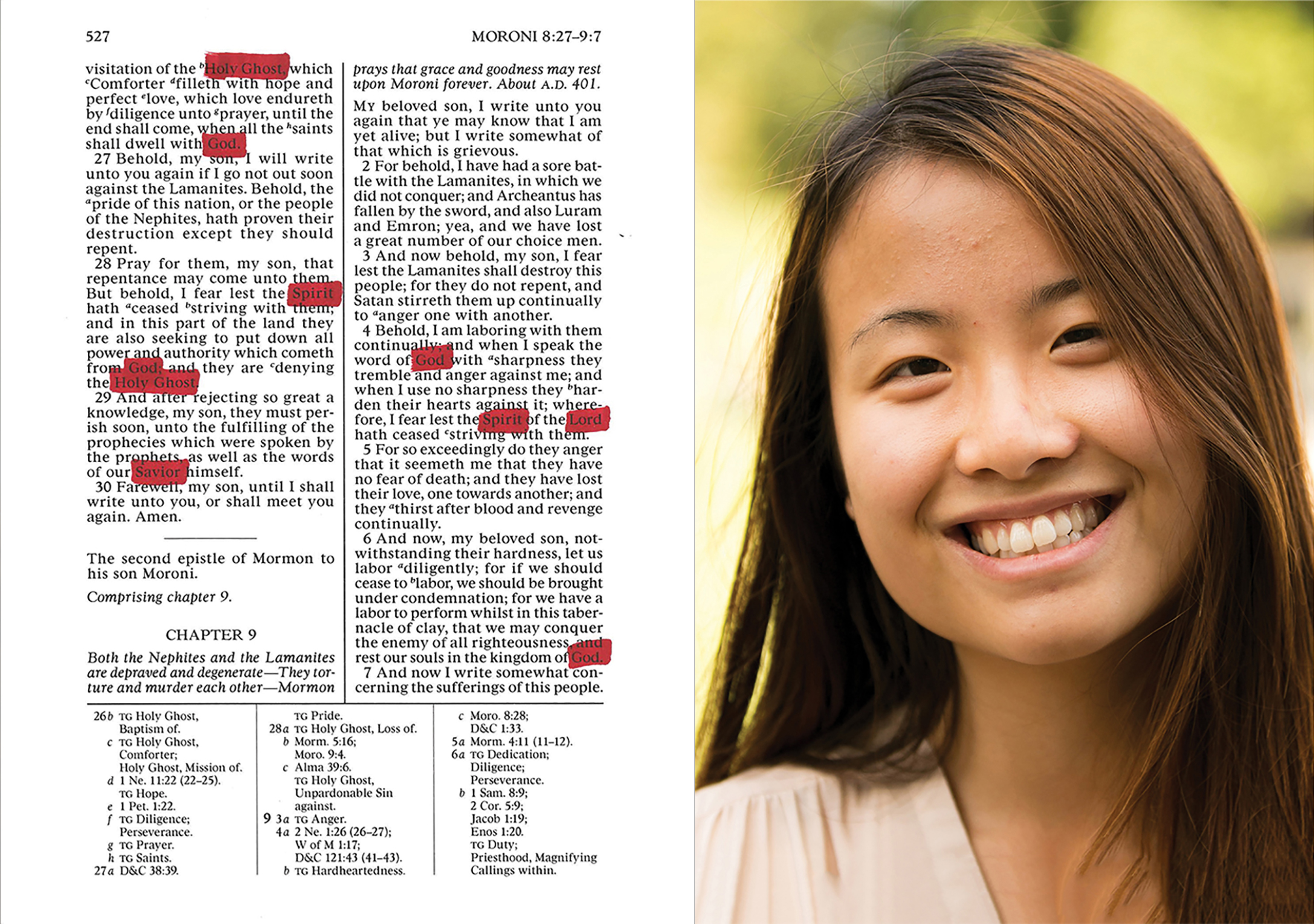 Katie, an agnostic woman from china, and the page of the Book of Mormon that she read.