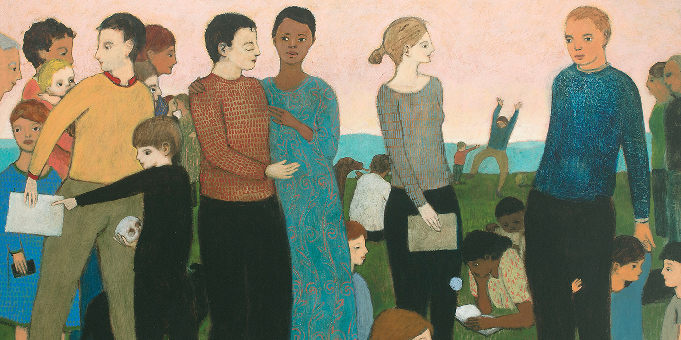 A painting of a group of people in a field. Some play with children, one juggles, some read, and many are gathered together.