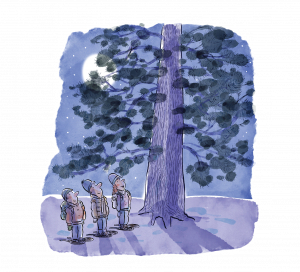 Snowshoeing students at the base of a tree at night.