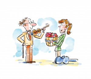 Violin professor and student with a bushel of apples