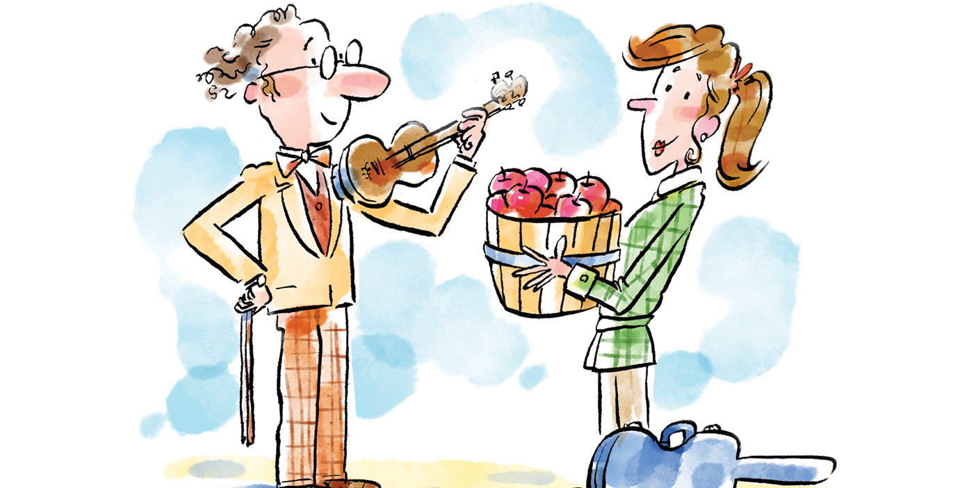 Violin professor and student with a bushel of apples