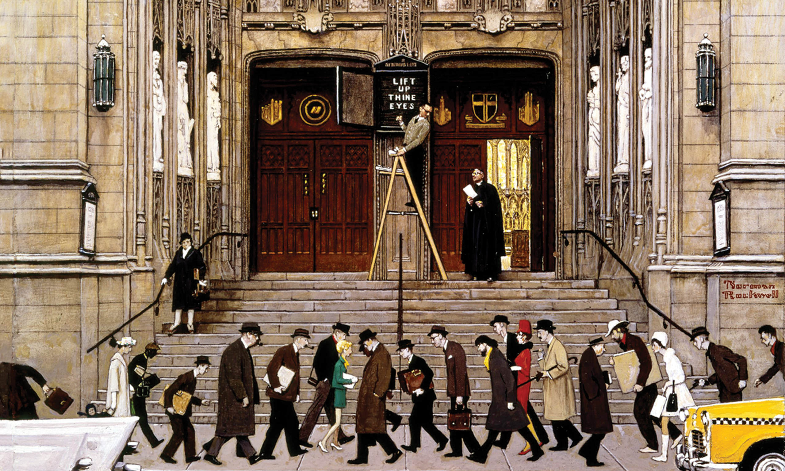 A painting by Norman Rockwell of people walking past a church with their heads down.