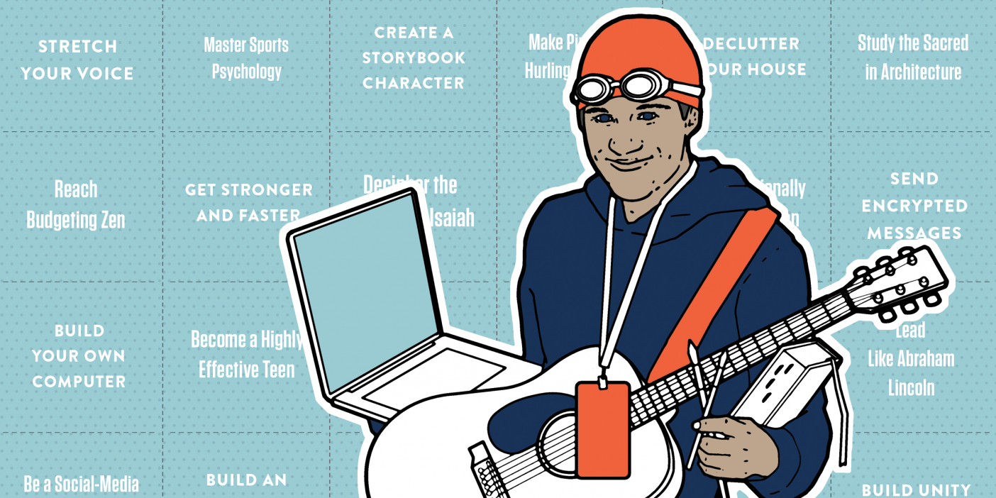 An illustration of a person holding a laptop and a guitar, wearing a swim cap and a lanyard.