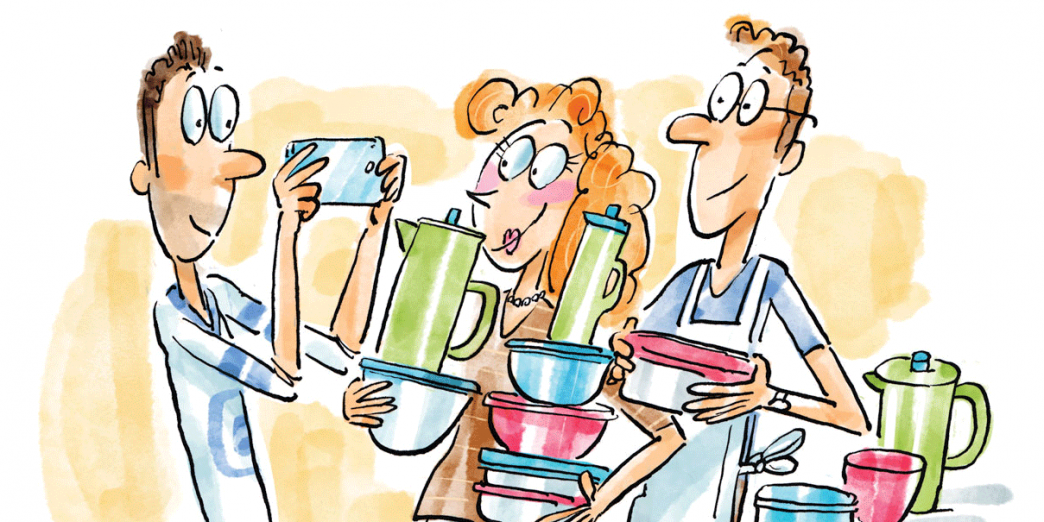 Cartoon illustration of three students holding stacks of Tupperware. One snaps a photo on his cell phone.