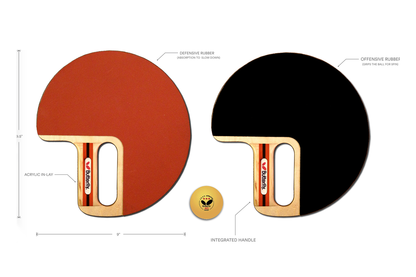 Photo of a ping pong paddle made oversized and perfectly round for broader surface area and harder impact.
