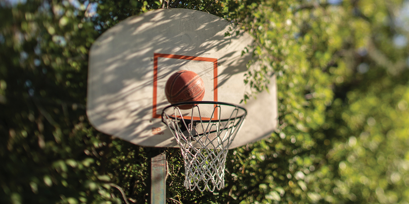A basketball hovers just above a backboard in a wooded area.