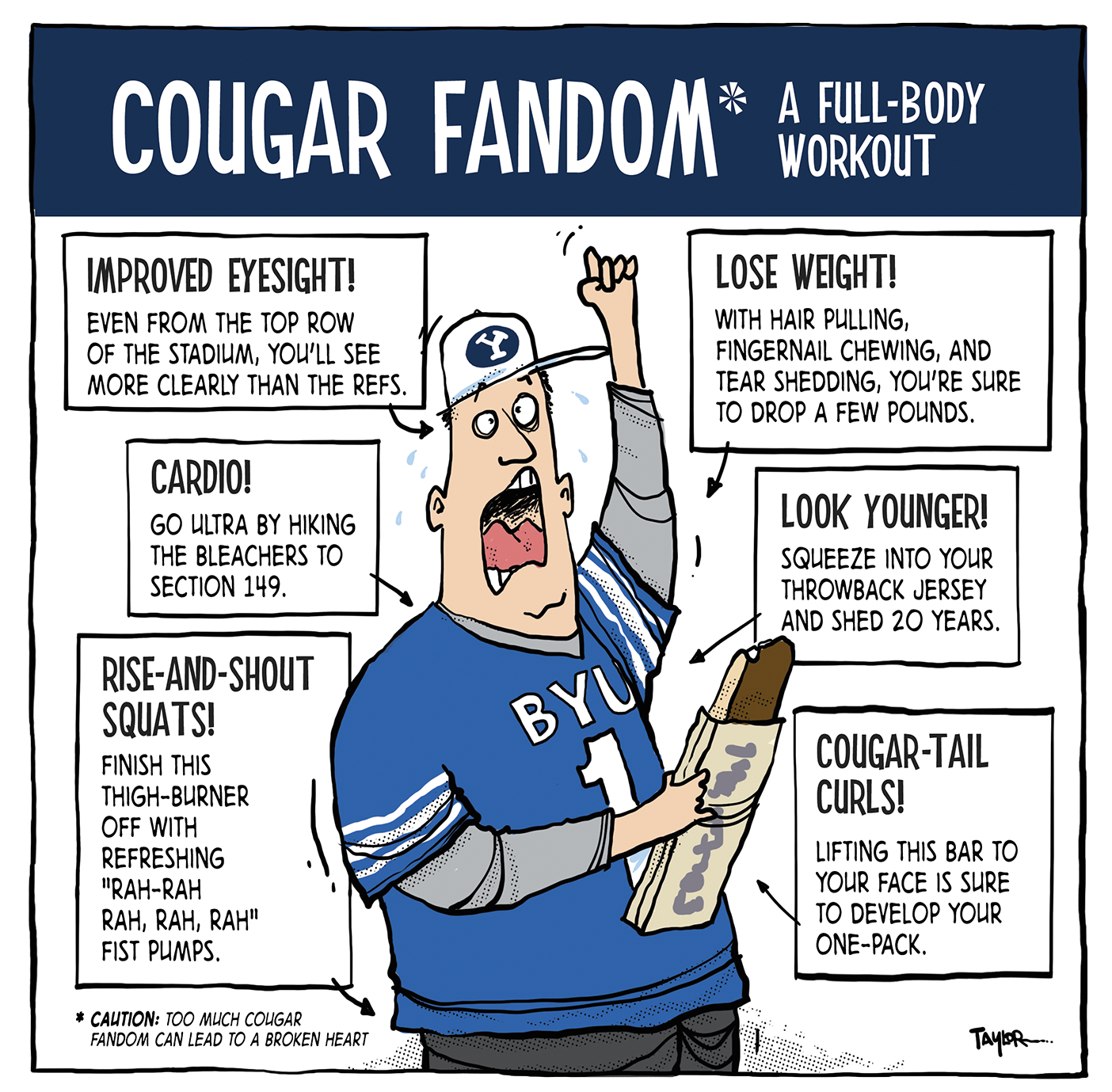 A cartoon comic describing aspects of the Cougar Fandom workout.