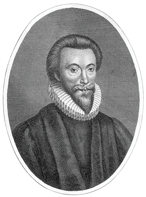A black and white illustration of John Donne.