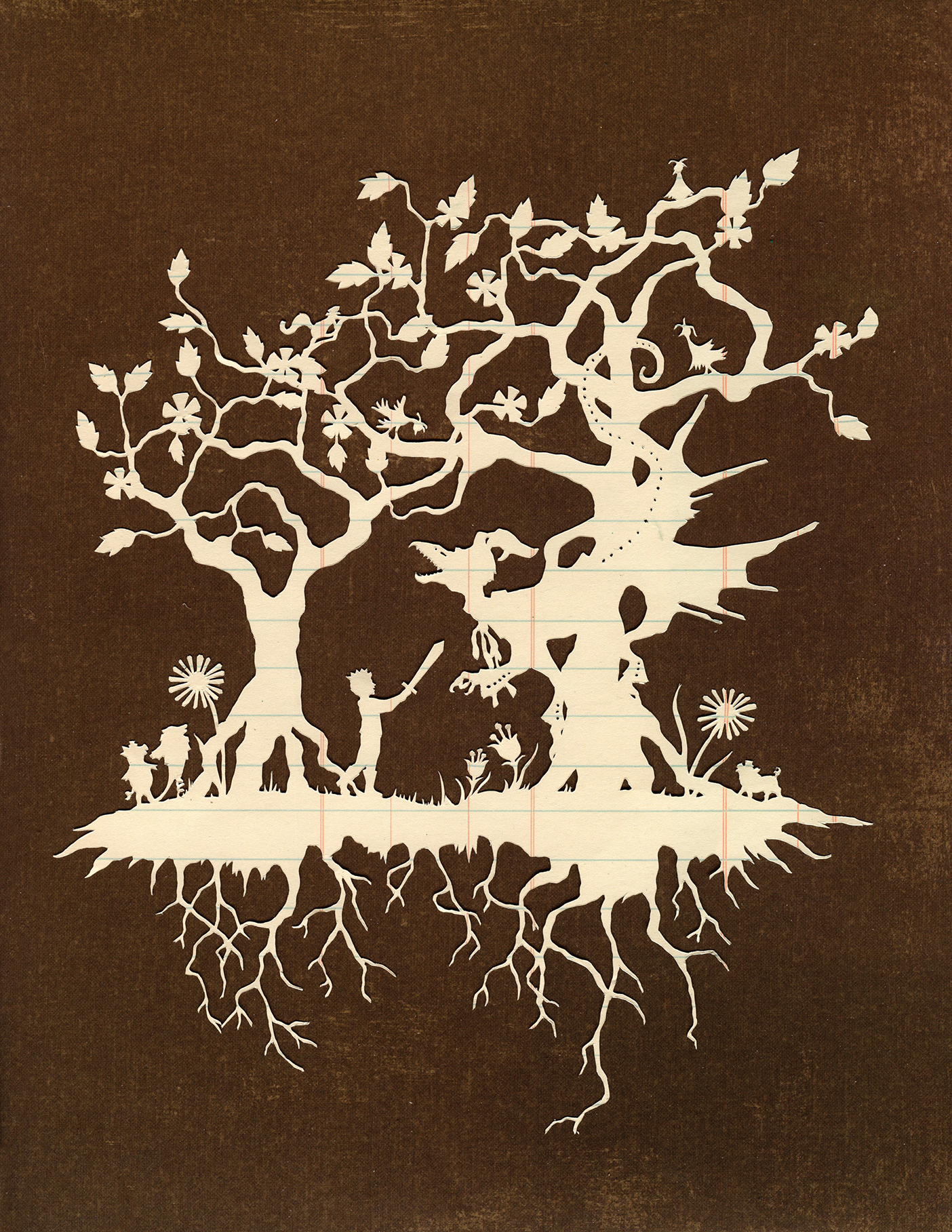 A paper-cut art piece depicting a scene from Jabberwocky