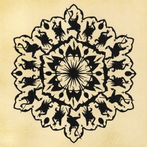 A paper cut art piece depicting mandala based on the video game Joust.