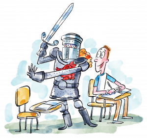 A student dressed as the Black Knight from Monty Python stands with raised sword.