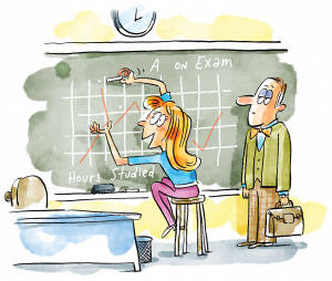 Oblivious to the professor standing behind her, an exuberant student continues to graph on a chalkboard.