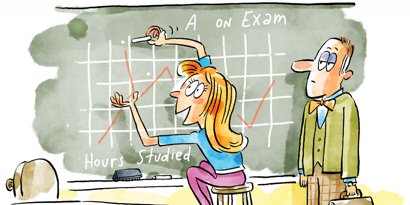 Oblivious to the professor standing behind her, an exuberant student continues to graph on a chalkboard.