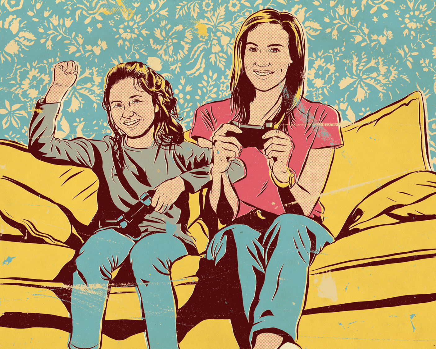 An illustration of a mother and daughter playing video games together.