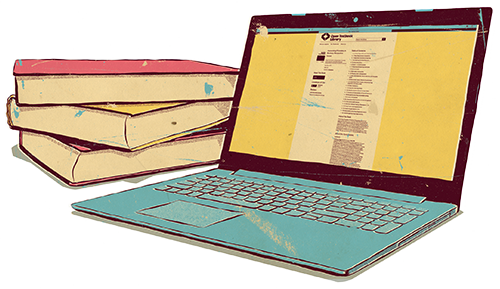 Illustration of a laptop and a pile of text books.