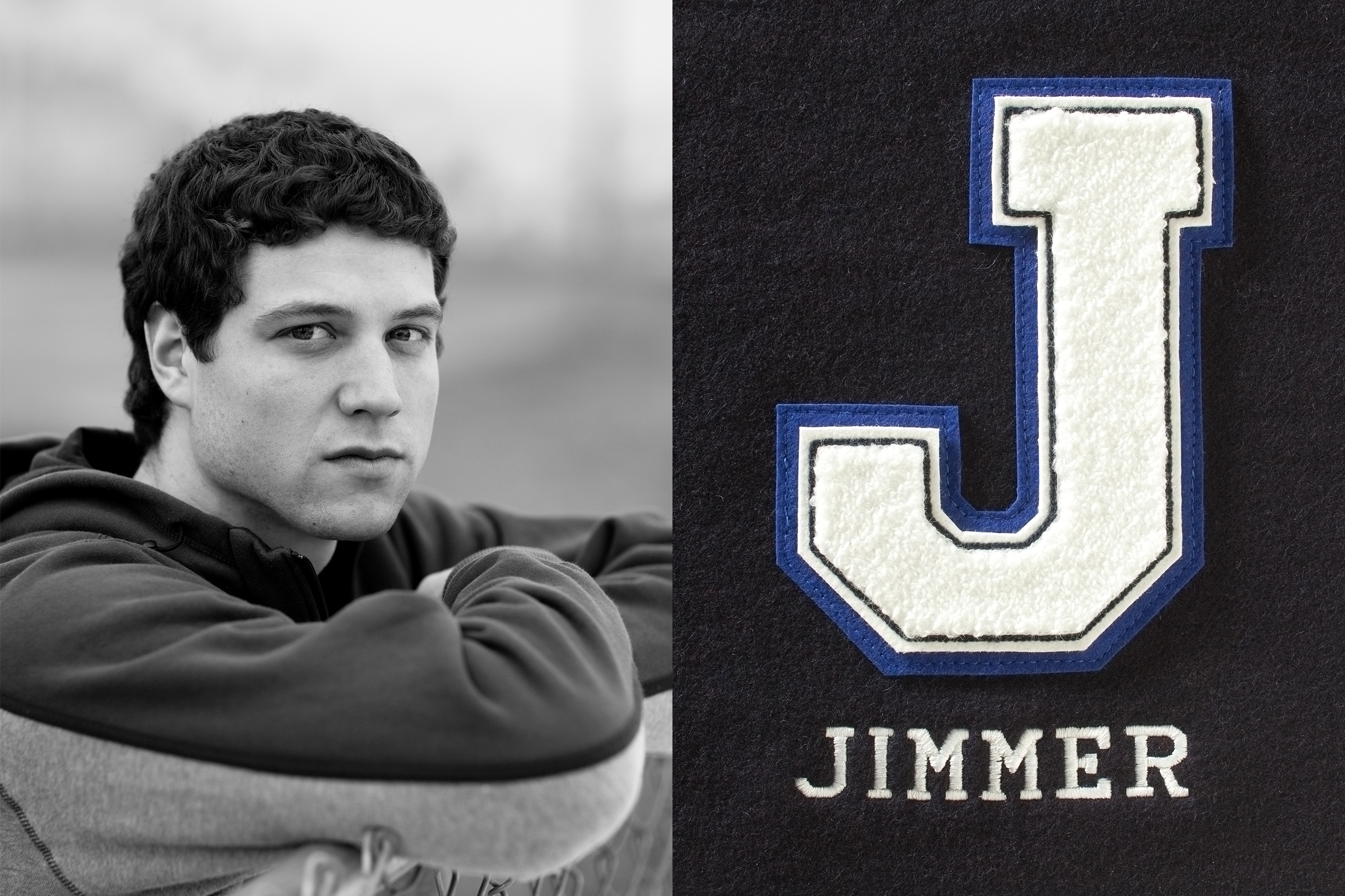 Jimmer poses with arms folded across from a letter-jacket style designed header featuring a large letter J and his name.