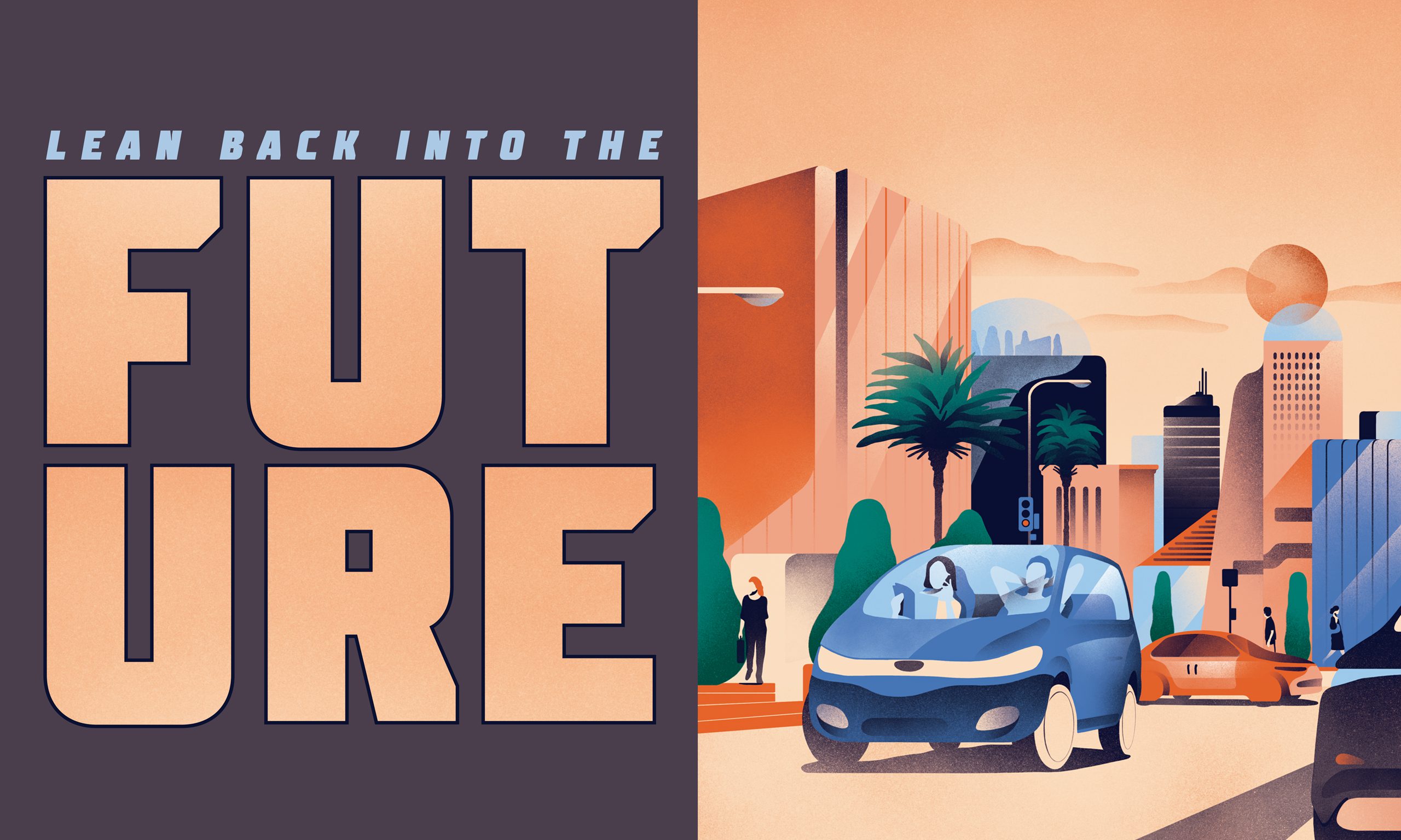 Title of article "Lean Back into the Future" and an illustration of driverless cars