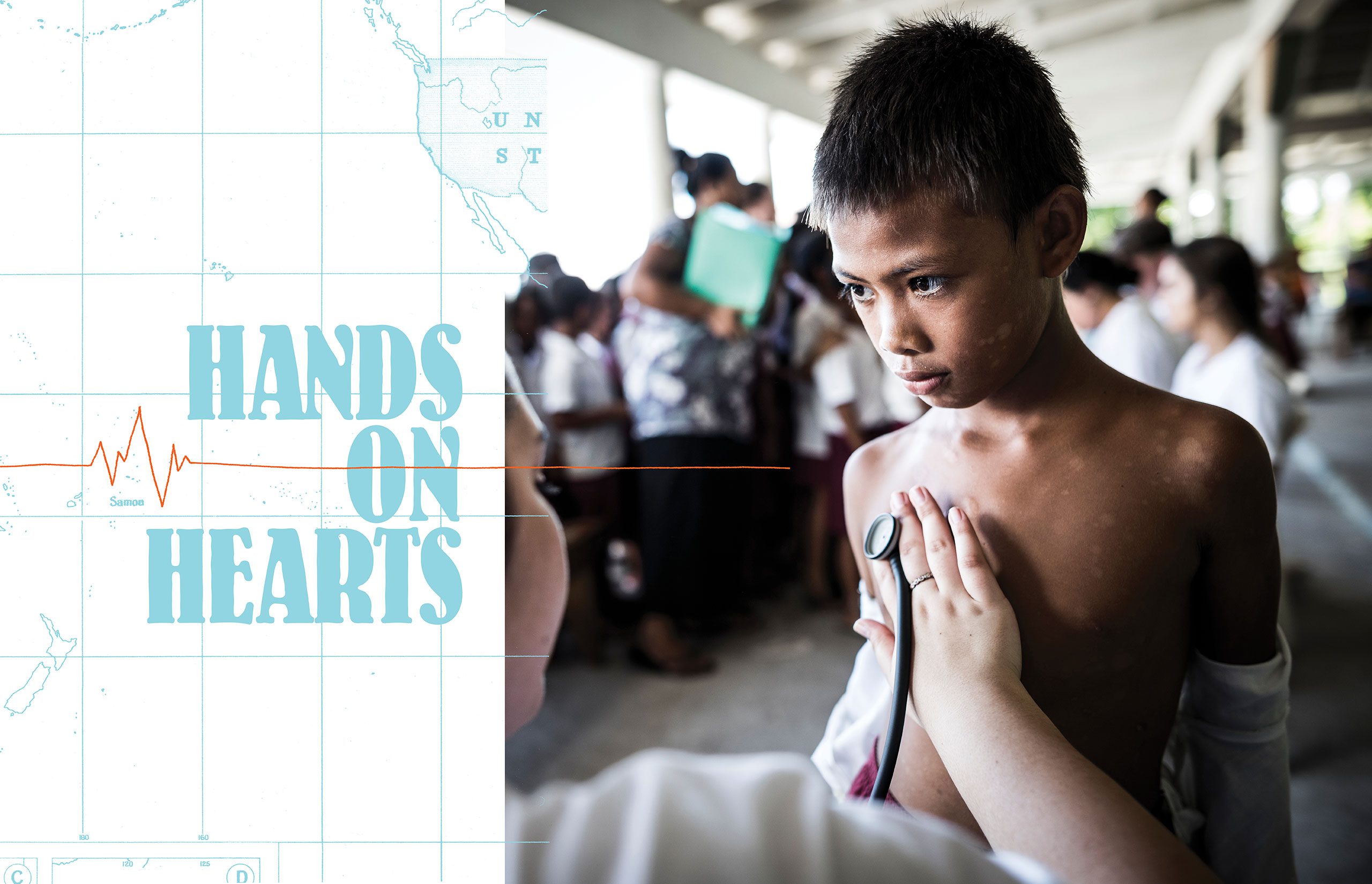 A nurse uses a stethoscope on the chest of a samoan boy.