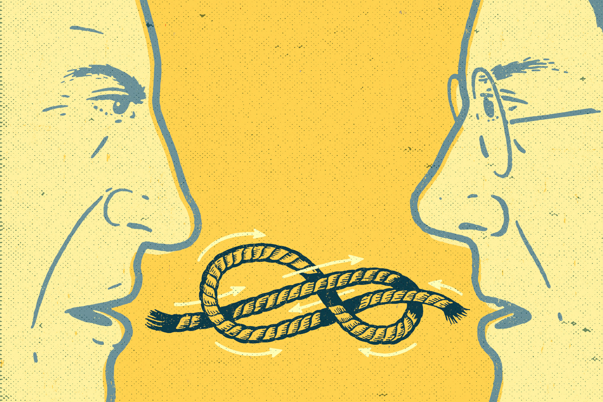 Illustration of two angry men facing off. A tangled rope between them represents their inability to communicate.