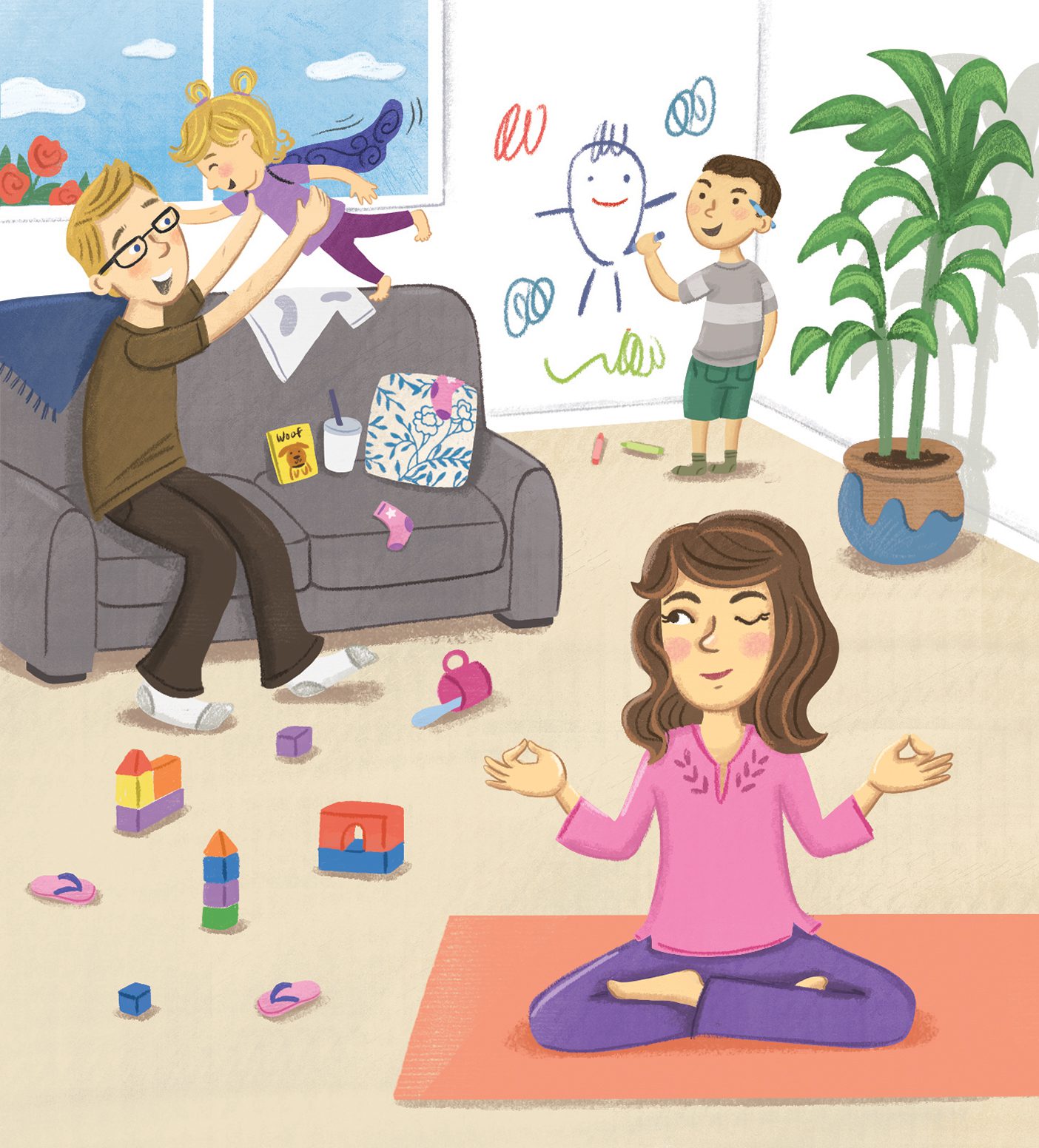 Illustration of a mother doing yoga while a father plays with children