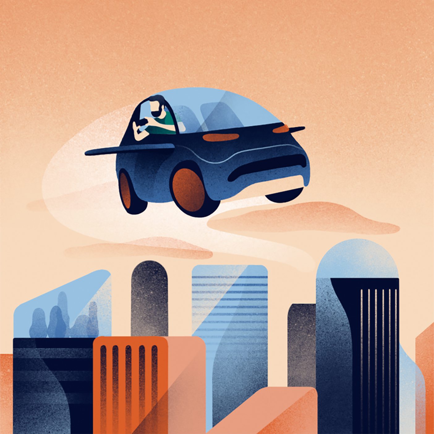 An illustration of a flying car over a city