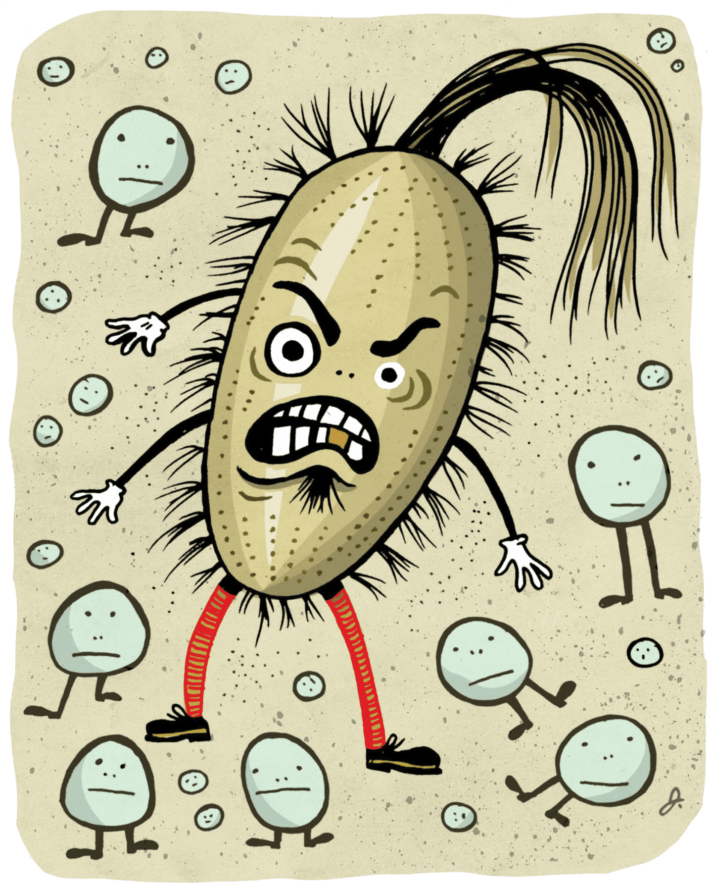 An illustration of an anthropomorphic bacteria with an angry face and a mohawk
