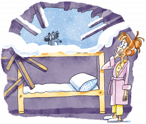 A young woman surveys her cabin's collapsed roof while a raccoon peeks in from outside.