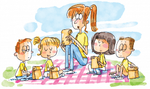 A group of children pray before eating a picnic lunch.