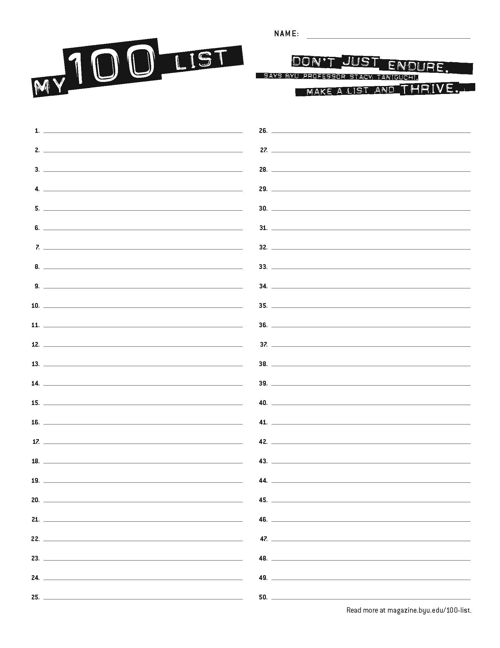 This 100-list form ready to fill out, numbered to 100. Readers can download and print it to begin a 100 list of their own.