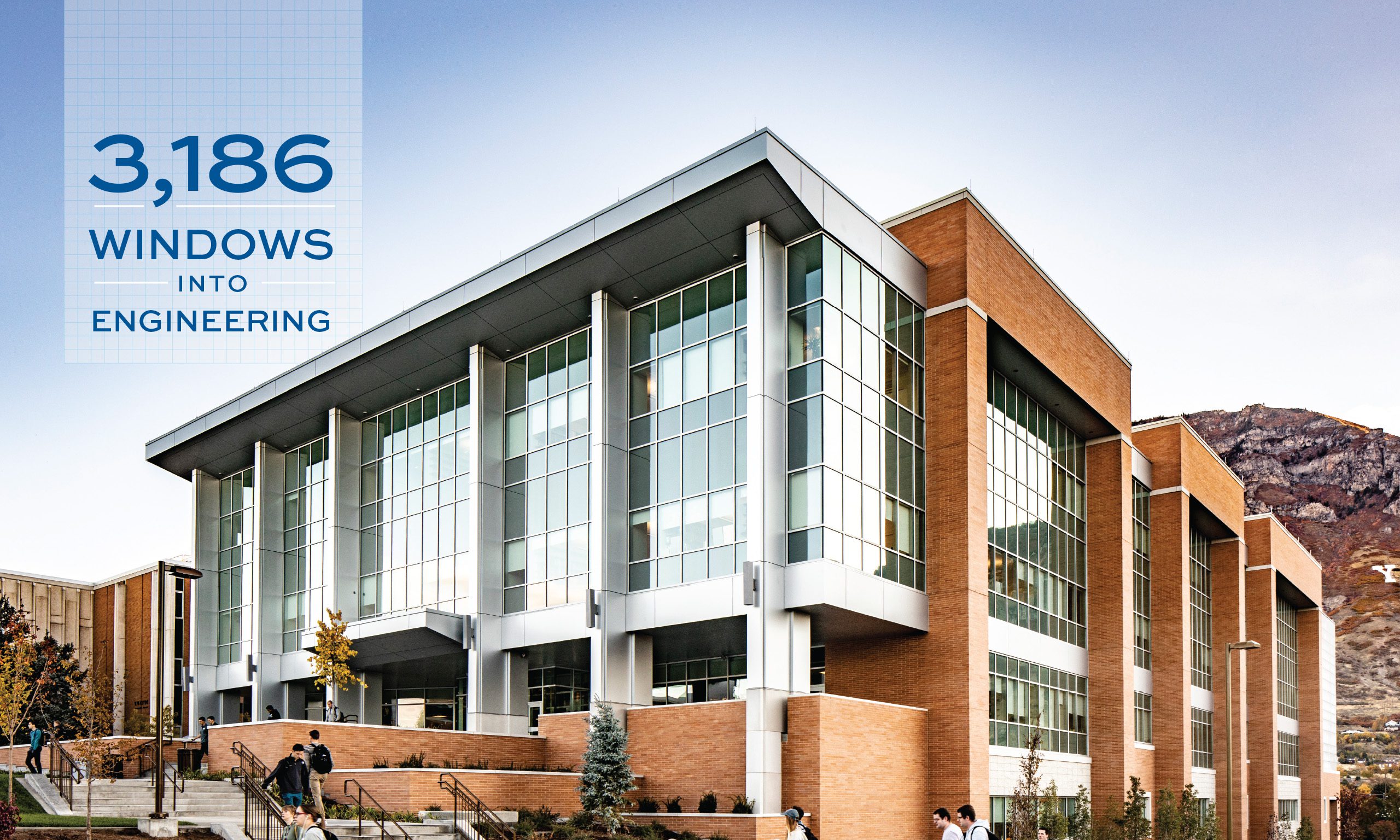 Title image for BYU Magazine article "3,186 Windows into Engineering," with an image that features the exterior of the new Engineering Building.