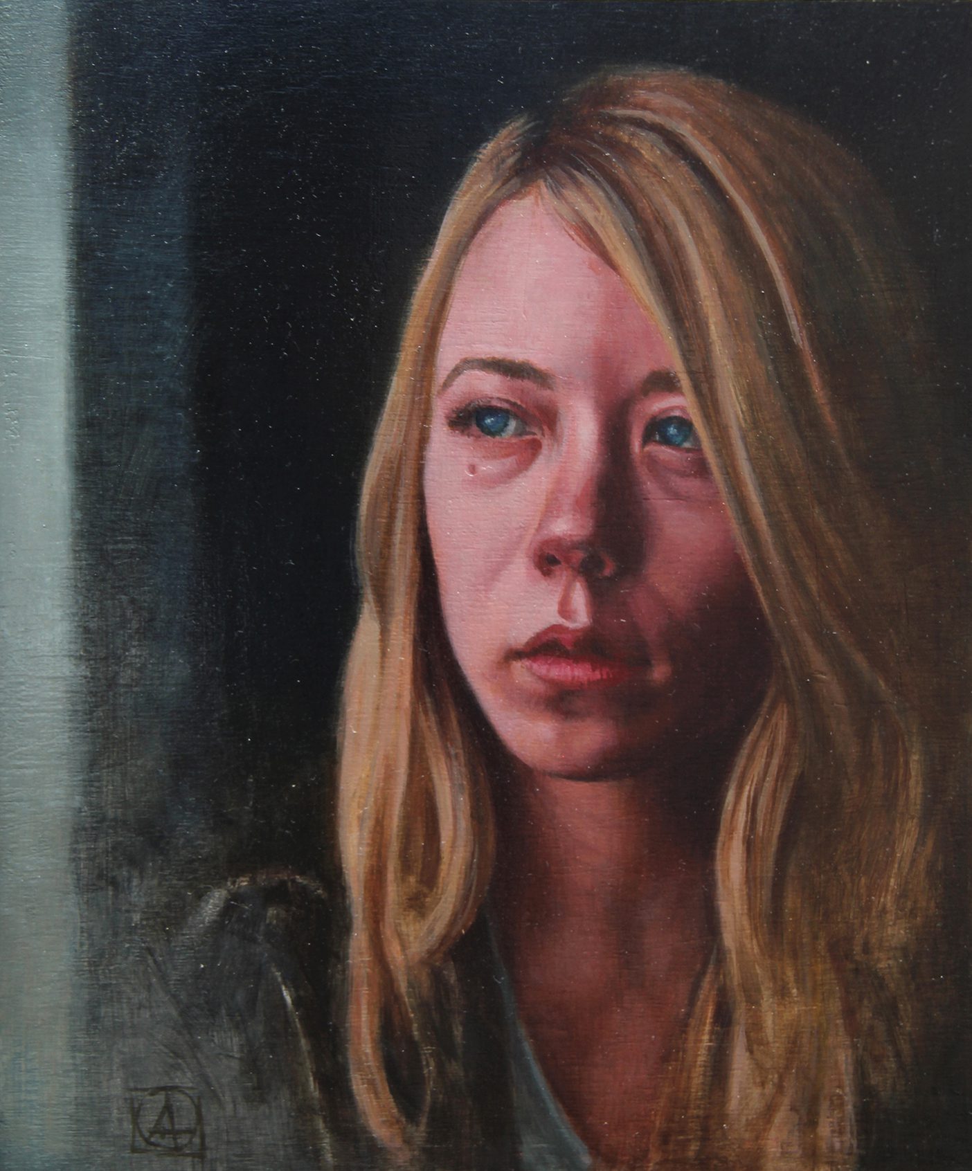 Oil Painting of a girl looking out the window with swollen eyes and a sad look on her face.