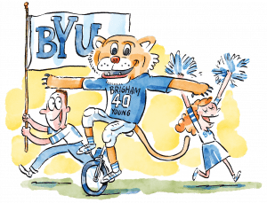 An illustration of Cosmo the Cougar riding a unicycle near cheering fans and cheerleaders.