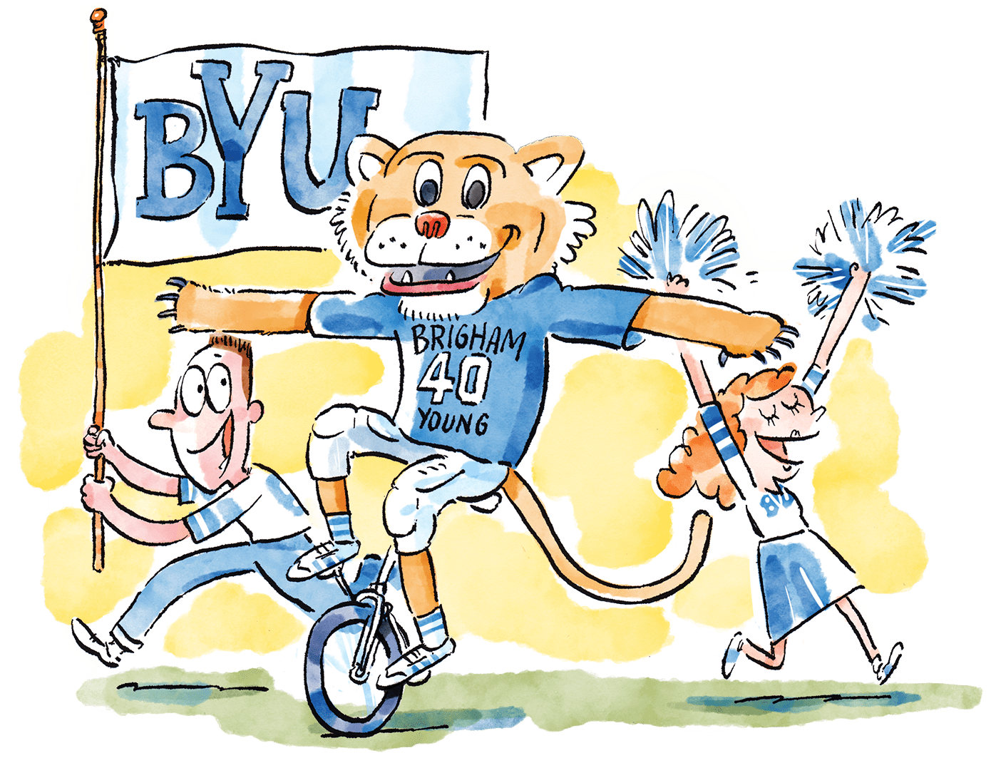 An illustration of Cosmo the Cougar riding a unicycle near cheering fans and cheerleaders.