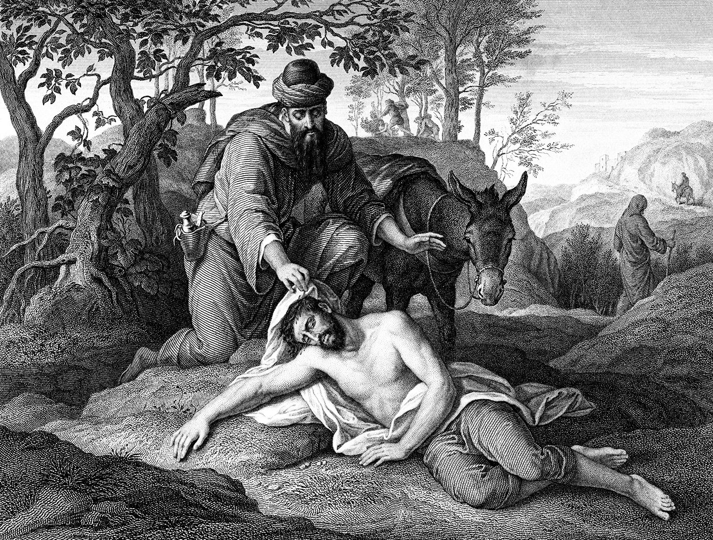 An engraved vintage illustration image of the parable of the Good Samaritan, from a Victorian book dated 1879