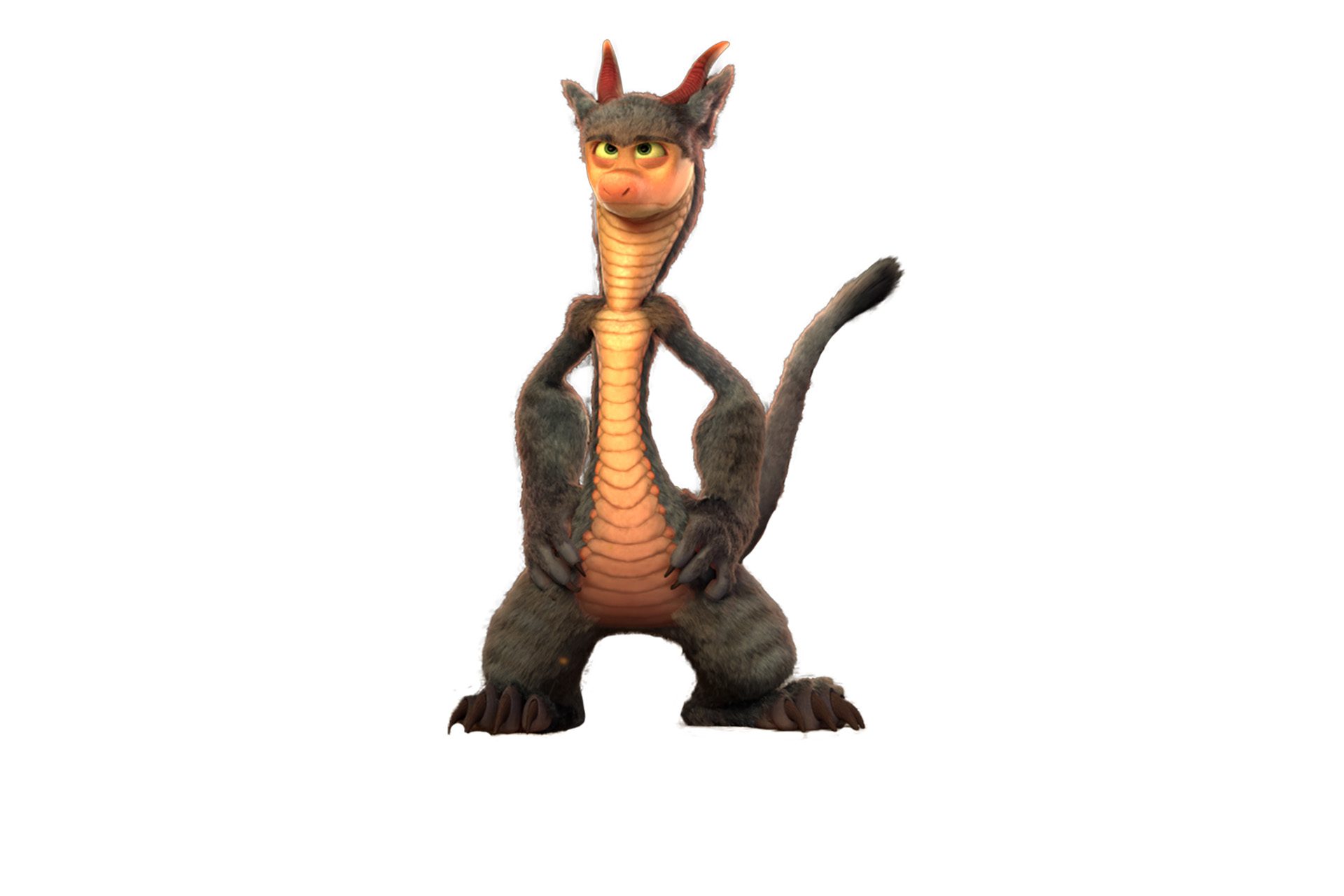 Animation of a smiling, friendly monster with scales and a face like a lizard, fuzzy hair on his back, a long furry tail and two horns near his big ears.