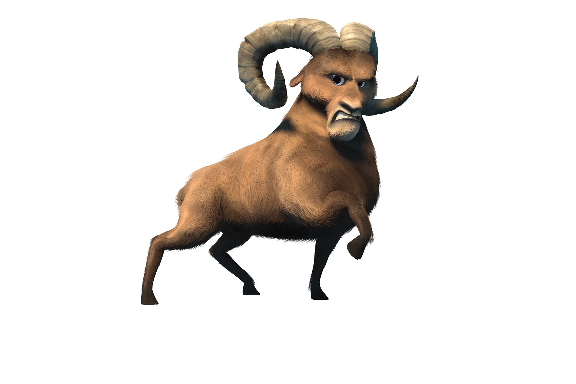 Animation of a big horn sheep with obvious strength and a mean expression.