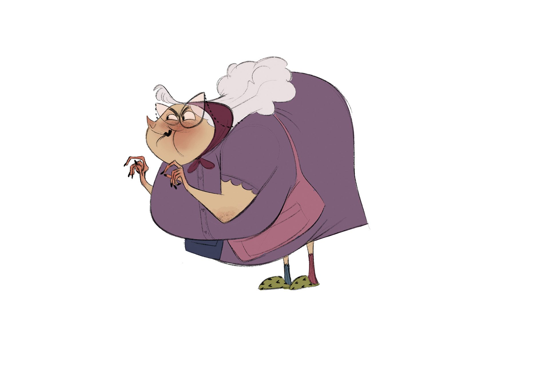 Animation of a wicked old lady with pointed glasses and green slippers.