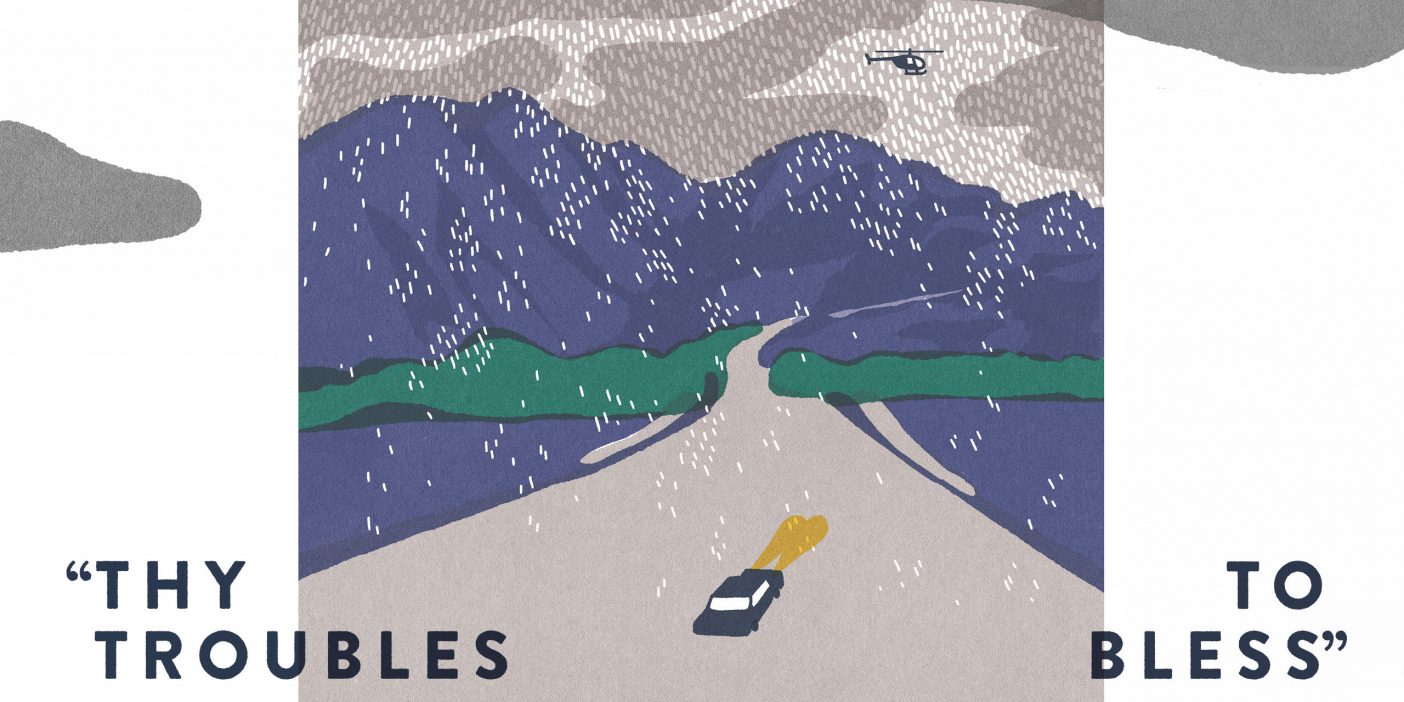 An illustration of a car driving on a rainy night, following a helicopter with the title of the article, "Thy Troubles to Bless"