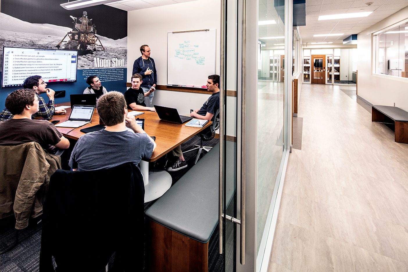 A team study room in BYU's new Engineering Building.