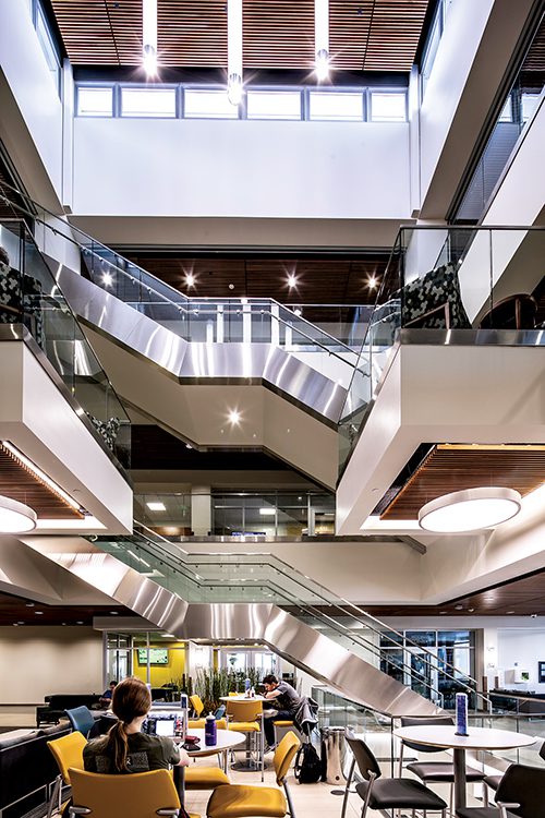 The Fritz B. Burns Student Commons, part of BYU's new Engineering Building, includes a café and fancy furniture, is meant to make the Engineering Building an inviting place to talk shop or just socialize.