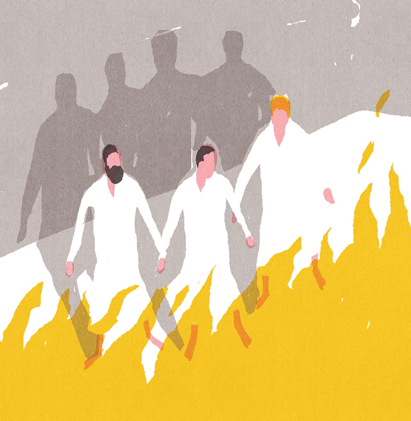 Illustration of men dressed in white standing together against a fire.