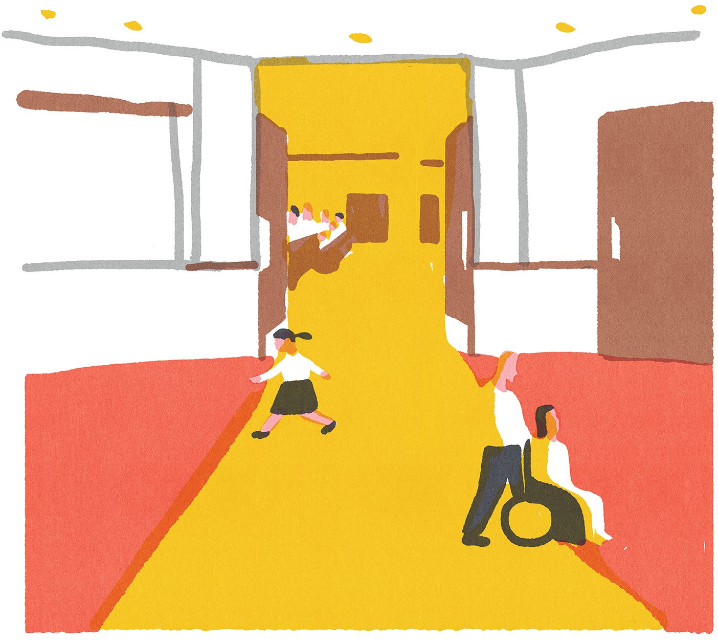 An illustration of a man pushing a girl in a wheelchair out in a church foyer