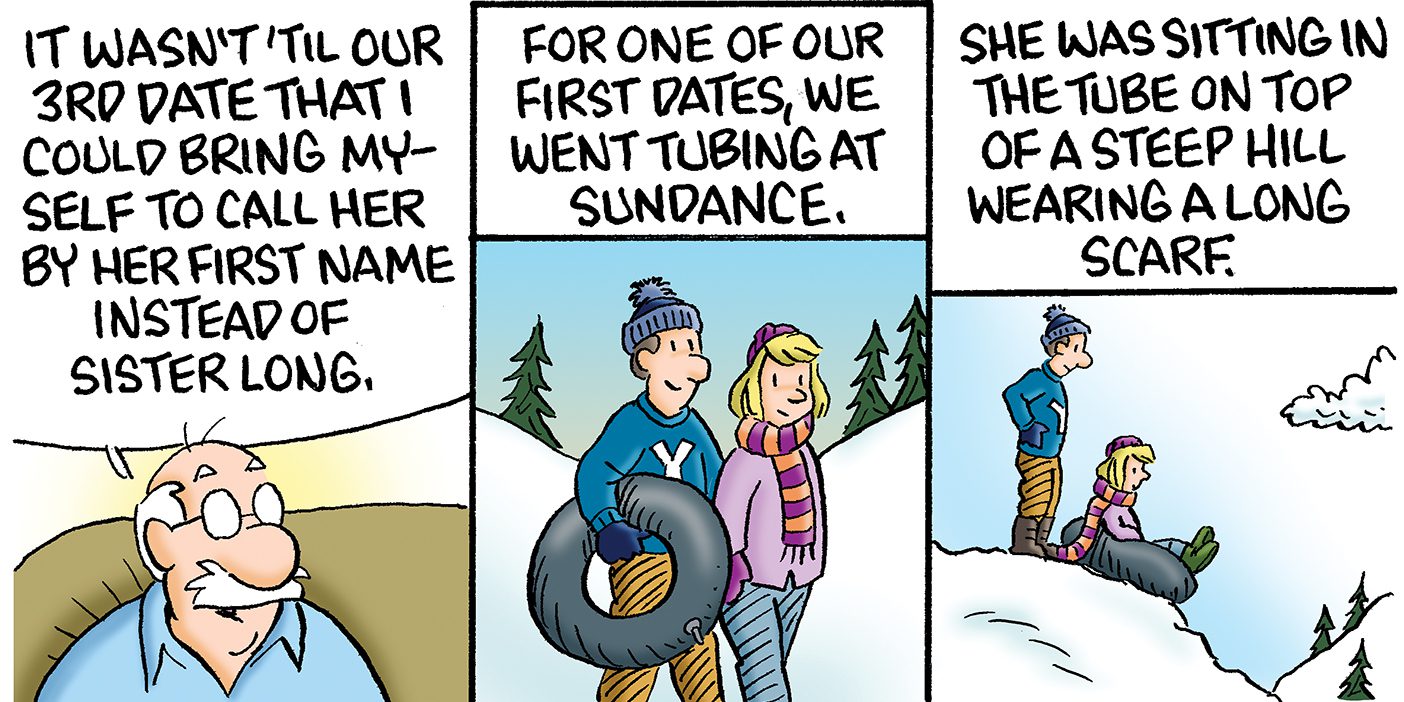 The second in a series of four comics depicting grandma telling about a date with grandpa where they are pictured going sledding.
