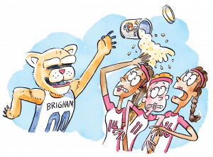 Illustration of Cosmo the Cougar as he attempts to throw a pint of BYU Creamery ice cream to jubilant fans in the Smith Fieldhouse, but the melted product opens and showers members of the opposing women's volleyball team.